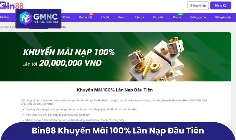 Bin88 khuyến mãi 100% lần nạp đầu tiên