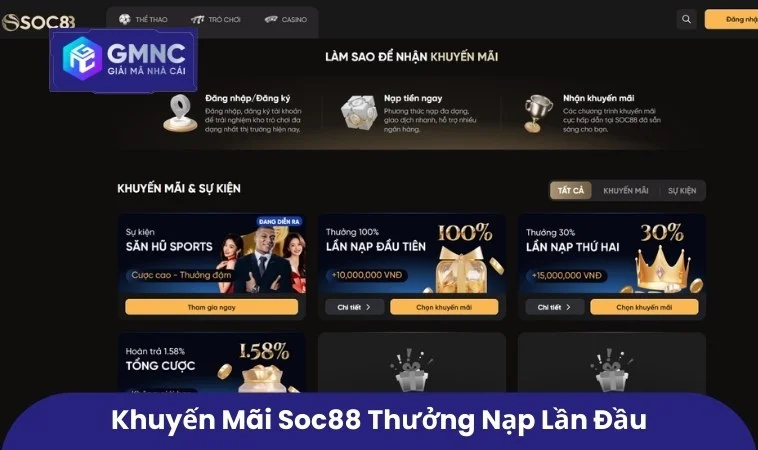 Khuyến Mãi SOC88 - Hấp Dẫn Cơ Hội Nhận Thưởng Lớn Mỗi Ngày 1 Khuyến mãi SOC88 thưởng nạp lần đầu