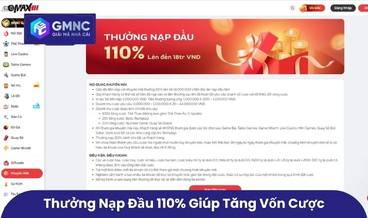 Khuyến Mãi Max88 – Trải Nghiệm Giải Trí Trọn Vẹn Và Bùng Nổ 1 Thưởng nạp đầu 110% giúp tăng vốn cược